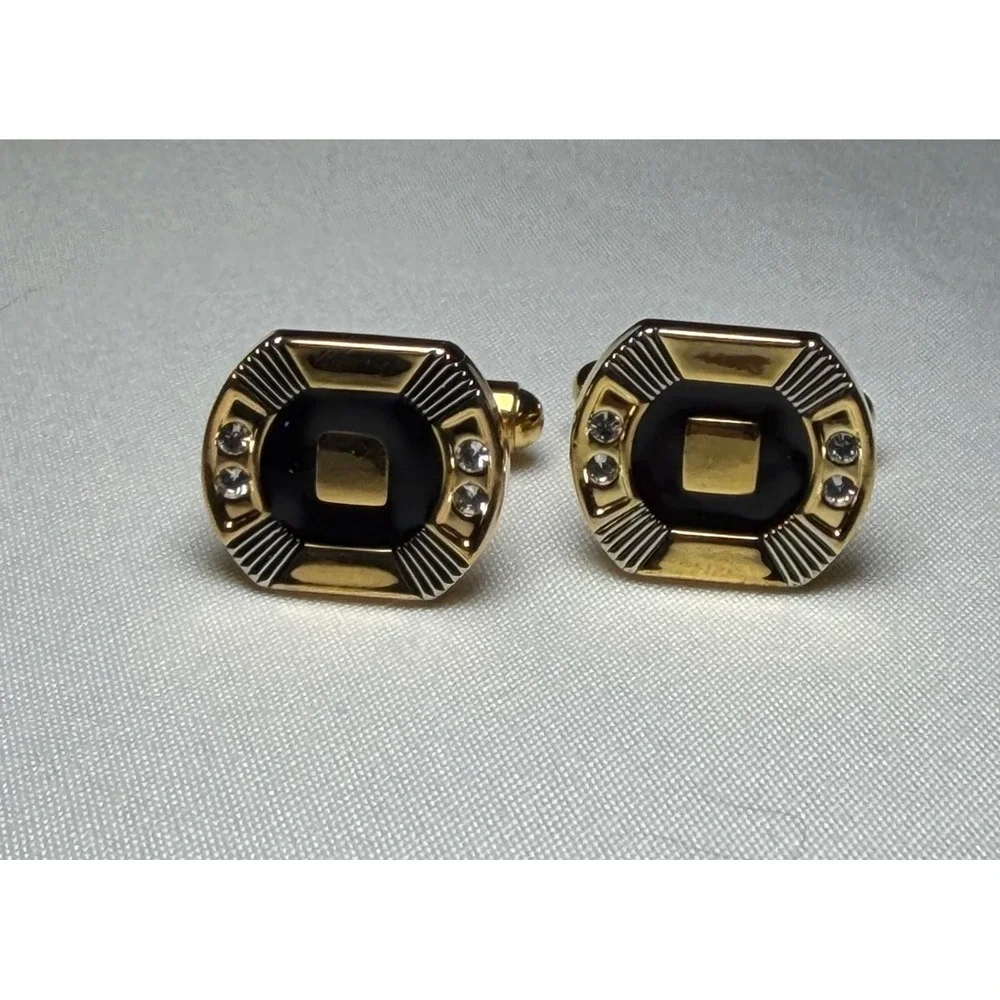 Vintage Gold Tone Black Enamel Rhinestone Geometric Cufflinks Art Deco Style
